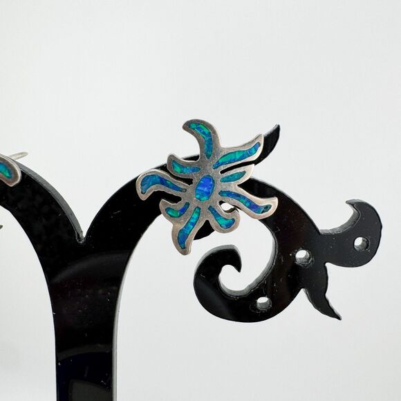 925 Sterling Silver Opal Inlay Blue Abstract Starburst Stud Earrings Southwester - Picture 3 of 8